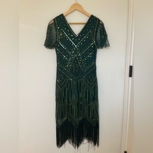 PrettyGuide Emerald Green Sequin Fringe Gatsby Dress Size S